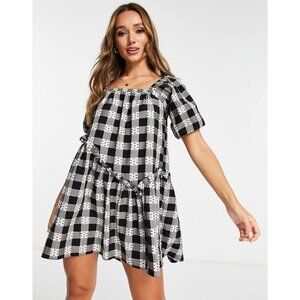 Topshop Check Dobby Minidress In Black Multi NEW